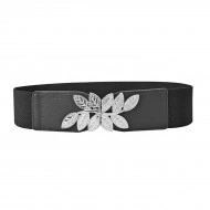 Curea elastica lata, culoare neagra, cu catarama metalica FRUNZE - Img 5