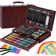 Set 142 piese pentru pictura, pentru copii sau adulti, pixuri de colorat, creioane colorate si vopsele de pictura, cu geanta de transport din LEMN MASIV, model AVX-WT-INGRES142 - Img 1
