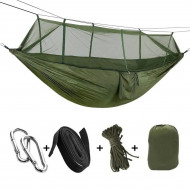Hamac turistic din nylon cu plasa de tantari, culoare verde, dimensiuni 260 cm x 140 cm - Img 1