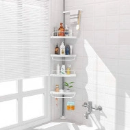 Organizator baie, raft de baie de tip "coltar" cu brat telescopic, cu 4 etajere si suport pentru prosop