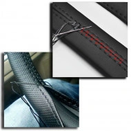 Husa volan din PIELE NATURALA NEAGRA CU DUNGA ROSIE, pentru autoturisme, diametru 37 - 39 cm, cu ac si ata (se coase, aspect ORIGINAL) - Img 2