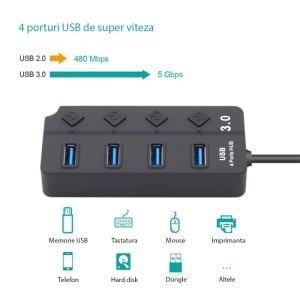 Hub USB Techstar HUBA0701 cu functie de transfer date 5Gbps si butoane ON/OFF