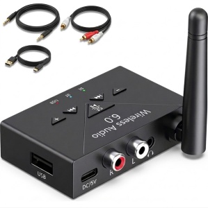 Δέκτης ήχου Bluetooth 6.0 με μικρόφωνο Techstar J300, AUX 3,5 mm, RCA, USB Player, Hi-Fi Stereo, εξωτερική κεραία, Type-C 5V, εμβέλεια έως 20 m, για αυτοκίνητο, ηχεία και ενισχυτή