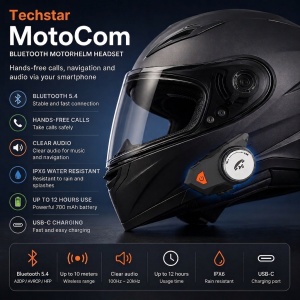 Σύστημα ήχου Bluetooth 5.4 για κράνος μοτοσικλέτας Techstar MotoCom, hands-free, μικρόφωνο και ηχεία, σύνδεση 2 τηλεφώνων, IPX6, μπαταρία 700mAh, αυτονομία έως 12 ώρες, USB-C, πλοήγηση και φωνητικός βοηθός - Img 2