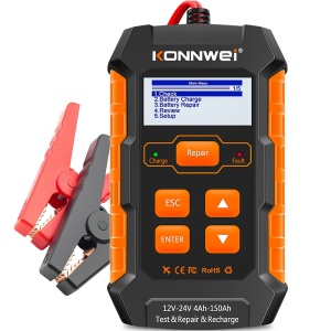 KONNWEI KW520 tester nabíjania a regenerácie autobatérií – tester batérií 12V/24V s funkciou nabíjania 10A/5A, impulzná regenerácia, test štartovania a alternátora, farebný LCD displej