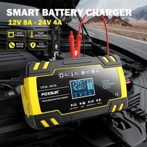 Functii multiple ale incarcatorului auto Foxsur B0228-Y afisate pe ecran