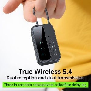 Bluetooth 5.4 audio adaptér 2-v-1 TX/RX, dvojité pripojenie k 2 zariadeniam, AUX 3,5 mm a USB-C, nízka latencia, mikrofón, batéria 200 mAh, do lietadla, k televízoru, do auta a k Bluetooth slúchadlám - Img 7