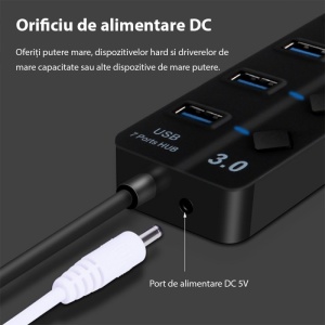 Hub USB Techstar HUBA0701 conectat la laptop, porturi multiple si comutatoare independente