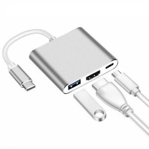 Multifunkčný adaptér 3 v 1 USB-C na HDMI Techstar® ZFZ3IN1, HDMI 4K, 1 x USB 3.0, PD port, kompatibilný s HD televízorom, monitorom, videoprojektorom, strieborný