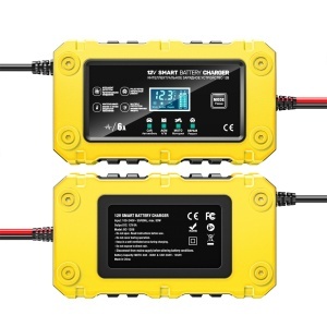 Detalii incarcator baterie Techstar BC-1206 galben cu afisaj LCD pentru baterii 12V auto si moto
