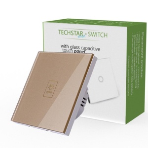 Intrerupator touch Techstar TG02 auriu prezentat langa ambalajul original