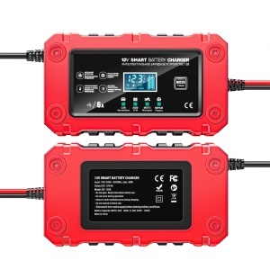 Detalii incarcator inteligent Techstar BC-1206 rosu cu afisaj LCD pentru baterii auto si moto