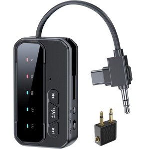 Bluetooth 5.4 audio adaptér 2-v-1 TX/RX, dvojité pripojenie k 2 zariadeniam, AUX 3,5 mm a USB-C, nízka latencia, mikrofón, batéria 200 mAh, do lietadla, k televízoru, do auta a k Bluetooth slúchadlám - Img 1