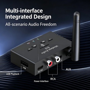 Bluetooth 6.0 avdio sprejemnik z mikrofonom Techstar J300, AUX 3,5 mm, RCA, predvajalnik USB, Hi-Fi stereo, zunanja antena, Type-C 5 V, doseg do 20 m, za avto, zvočnike in ojačevalnik - Img 2