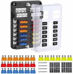 Škatla za avtomobilske varovalke Techstar, plošča z 12 tokokrogi, 12–24 V, maks. 100 A, LED indikacija, pozitivna/negativna zbiralka, 24 varovalk 5A/10A/15A/20A, prozoren pokrov, za avto, avtodom, čoln in tovornjak