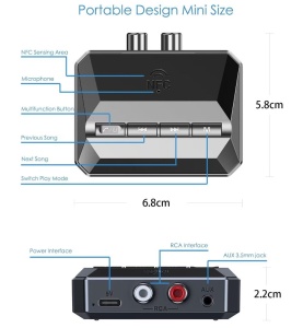 Bluetooth 5.3 avdio sprejemnik z NFC Techstar T59, prostoročni mikrofon, AUX 3,5 mm, RCA, USB, kartica TF, Type-C 5 V, za avto, zvočnike in ojačevalnik - Img 10