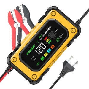 Digitalni avtomobilski polnilnik FOXSUR 12 V 7 A z LED zaslonom, polnjenje akumulatorjev avtomobilov in motornih koles 4–140 Ah, funkcija impulznega popravila, zaščita pred prenapetostjo in previsokim tokom, rumen