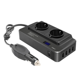 Techstar® Синусоидален инвертор на енергия, 200W, DC12V към AC220V, LCD дисплей, 2 контакта за променлив ток в ЕС, 4 USB порта с бързо зареждане, черен
