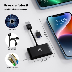 Set adaptor wireless CarPlay compatibil iPhone si accesorii incluse