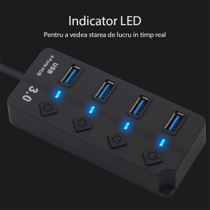 Hub USB Techstar HUBA0701 cu vedere de sus, 4 porturi si LED-uri albastre