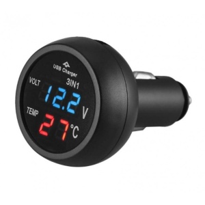 Techstar® USB зарядно за кола с LCD цифров волтметър и термометър, връзка към 12/24V запалка