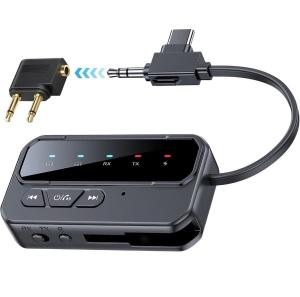 Bluetooth 5.4 аудио адаптер 2-в-1 TX/RX, двойно свързване с 2 устройства, AUX 3.5 мм и USB-C, ниска латентност, микрофон, батерия 200 mAh, за самолет, телевизор, автомобил и Bluetooth слушалки - Img 12