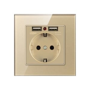 Vedere frontala priza de perete auriu cu 2 porturi USB