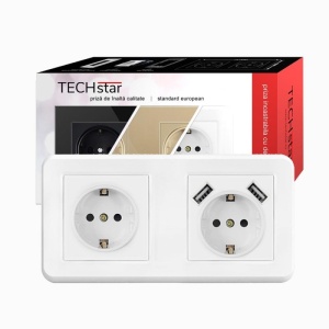 priza Techstar PCU2 alba dubla cu incarcare USB 2.1A policarbonat