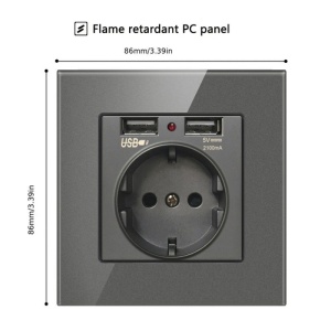 Priza de perete cu 2 porturi USB si rama din sticla gri