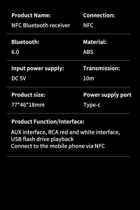Bluetooth 6.0 avdio sprejemnik z NFC, AUX 3,5 mm, RCA, USB, Hi-Fi, doseg 10 m, napajanje USB Type-C 5 V, brezžični adapter za avto, zvočnike in ojačevalnik - Img 11