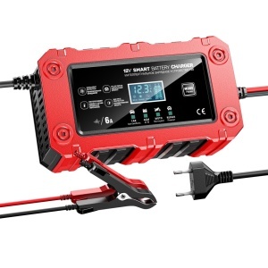 Incarcator auto moto Techstar BC-1206 rosu cu cleme si ecran LCD pentru baterii 12V