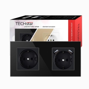 priza Techstar Crystal TSU2 dubla cu incarcare USB negru onyx sticla securizata