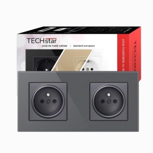 priza Techstar Crystal TS2 dubla gri metal cu rama sticla securizata