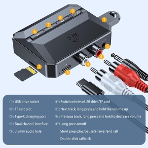 Bluetooth 5.3 avdio sprejemnik z NFC Techstar T59, prostoročni mikrofon, AUX 3,5 mm, RCA, USB, kartica TF, Type-C 5 V, za avto, zvočnike in ojačevalnik - Img 8