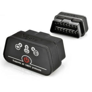 Adaptor Vgate iCar2 negru prezentat in doua pozitii pentru vizualizare completa