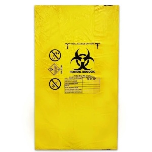 Saci galbeni inscriptionati „Pericol Biologic” 60L , 50 bucati/set