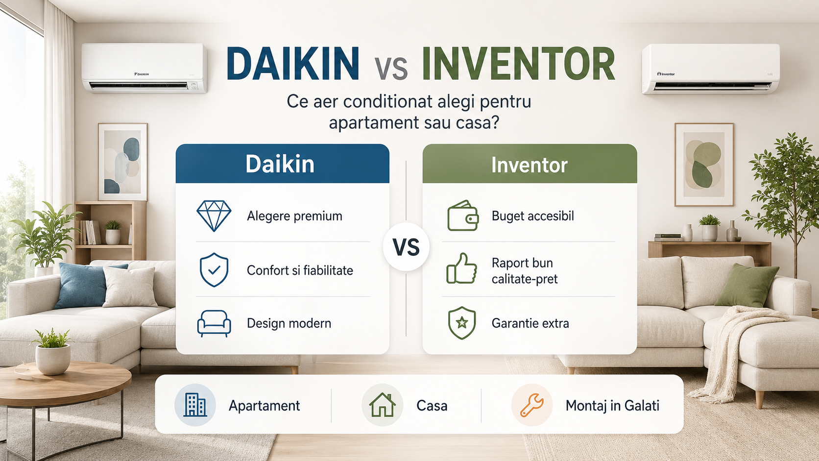 Daikin vs Inventor: ce aer conditionat alegi pentru apartament sau casa?