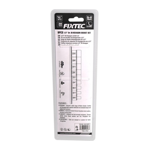 Trusa tubulare FIXTEC 9 buc, 1/2", CR-V, 10-19mm - Img 2