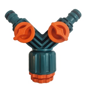 Conector dublu pentru robinet, PVC, cu doua iesiri, 1/2" si 3/4"