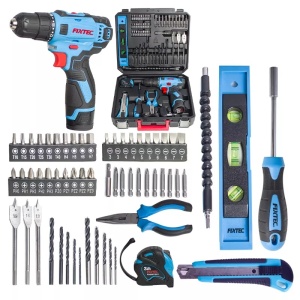 Kit masina de gaurit FIXTEC 12V fara cablu, 60 componente, baterie Li-ion 1500mAh