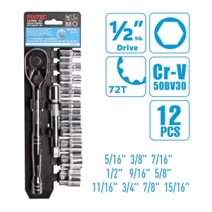 Trusa FIXTEC cu 12 chei clichet 1/2", CR-V
