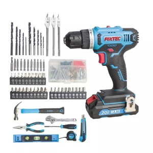 Set masina de gaurit FIXTEC cu acumulator, iluminare LED, functie de blocare axiala, trusa completa cu scule