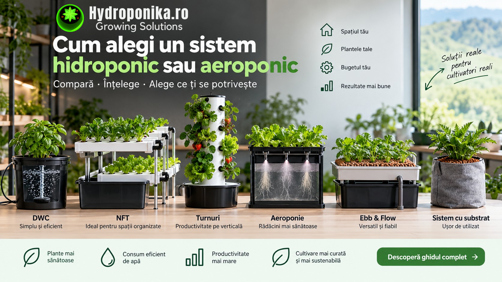 Cum alegi un sistem hidroponic sau aeroponic: DWC, NFT, turn aeroponic LPA, HPA, ebb & flow sau substrat?