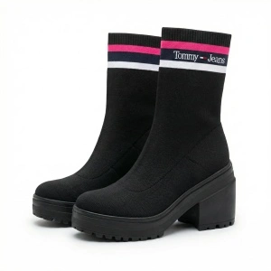 Tommy Jeans EUR 38 Knitted Boot botine cizme tricotate femei negru roz toc masiv EN0EN02061 NOI