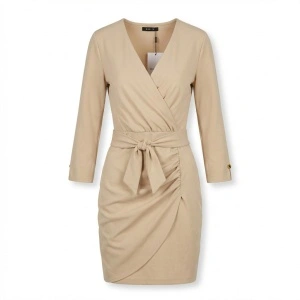 Mohito XS S M rochie damă bej nude petrecută decolteu V cordon talie mâneci 3/4 elegantă NOUA