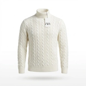 ZARA XL pulover tricotat barbati alb crem helancă guler înalt lână 2632/308 NOU