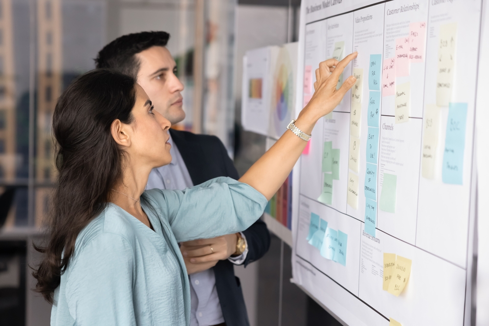 angajati analizand task-uri pentru whiteboard adaptat ca panou kanban angajati analizand task-uri pentru whiteboard adaptat ca panou kanban