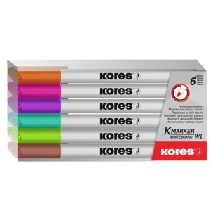 Marker whiteboard slim, varf rotund 1-2mm, 6 culori/set, KORES