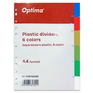Separatoare plastic color, A4, 6 culori/set, OPTIMA