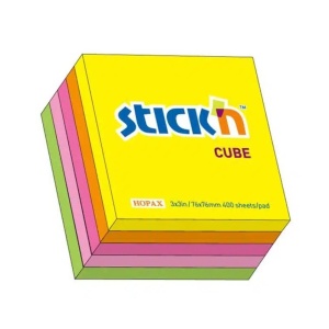 Cub notes adeziv, 76x76 mm, 400 file/set, 5 culori neon, STICK'N